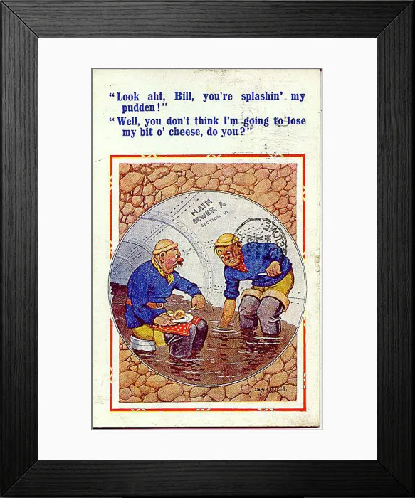 : Comic postcard, Sewage workers break for lunch Date: 20th century : Comic postcard, Sewage workers break for lunch Date: 20th century