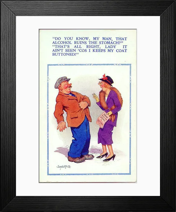 Framed Print : Comic postcard, Temperance campaigner and tipsy man Date: 20th century Framed Print : Comic postcard, Temperance campaigner and tipsy man Date: 20th century