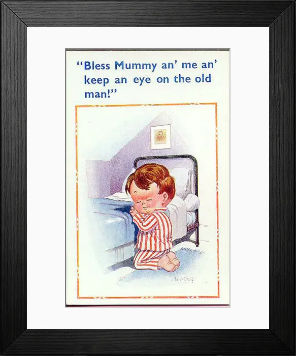 Framed Print : Comic postcard, Little boy praying by his bed, thinking of his absent father. Date: 1940s Framed Print : Comic postcard, Little boy praying by his bed, thinking of his absent father. Date: 1940s
