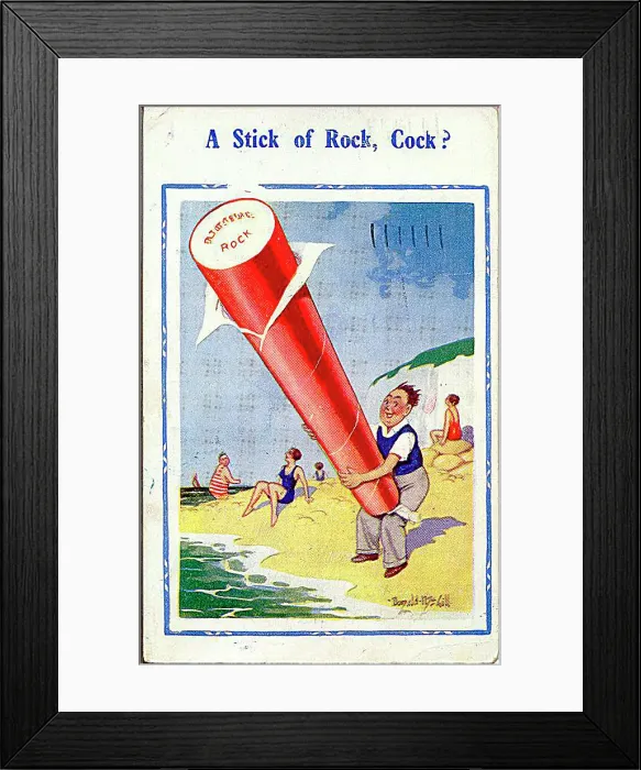 : Comic postcard, Man on the beach with a stick of rock Date: 20th century : Comic postcard, Man on the beach with a stick of rock Date: 20th century