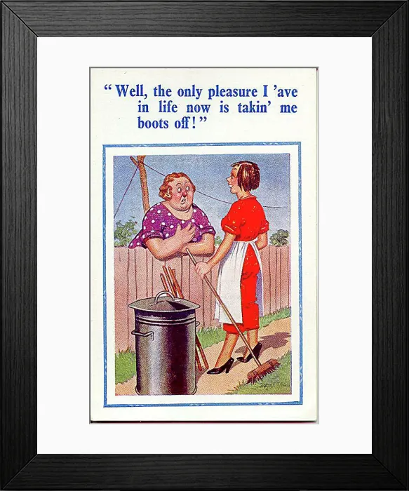 : Comic postcard, Two women talking over the garden fence. Date: 20th century : Comic postcard, Two women talking over the garden fence. Date: 20th century