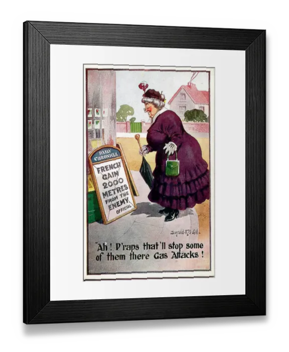 Framed Print : Comic postcard, Woman reads news headlines. Date: 1914-1918 Framed Print : Comic postcard, Woman reads news headlines. Date: 1914-1918