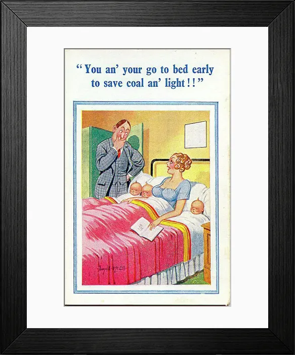 : Comic postcard, Couple with three babies Date: 20th century : Comic postcard, Couple with three babies Date: 20th century