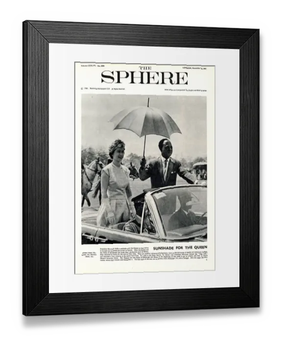 Framed Print : Sunshade for the Queen. Queen Elizabeth II travels in a car with President Nkrumah to attend a durbar at Tamale during the 1961 royal tour of Ghana. Date: 1961 Framed Print : Sunshade for the Queen. Queen Elizabeth II travels in a car with President Nkrumah to attend a durbar at Tamale during the 1961 royal tour of Ghana. Date: 1961