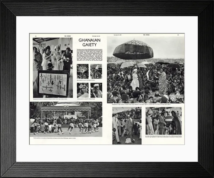 Framed Print : Double page spread from The Sphere reporting on the royal tour of Ghana in 1961, specifically the trip made by the Queen and Duke of Edinburgh to north Ghana, where durbars were held at both Tamale and Kumasi Framed Print : Double page spread from The Sphere reporting on the royal tour of Ghana in 1961, specifically the trip made by the Queen and Duke of Edinburgh to north Ghana, where durbars were held at both Tamale and Kumasi