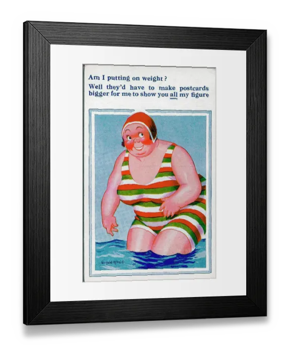 Framed Print : Comic postcard, Plump woman at the seaside Date: 20th century Framed Print : Comic postcard, Plump woman at the seaside Date: 20th century