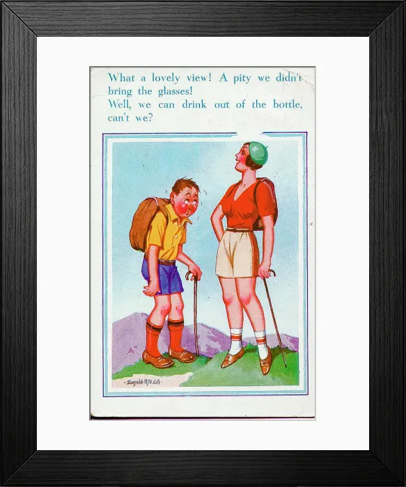 Framed Print : Comic postcard, Couple on a hiking trip Date: 20th century Framed Print : Comic postcard, Couple on a hiking trip Date: 20th century