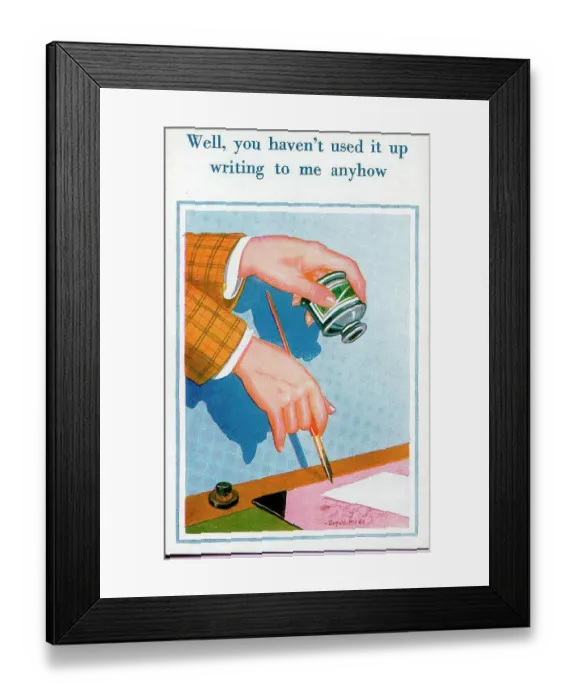 Framed Print : Comic postcard, Writing materials, ink, pen and blotter Date: 20th century Framed Print : Comic postcard, Writing materials, ink, pen and blotter Date: 20th century