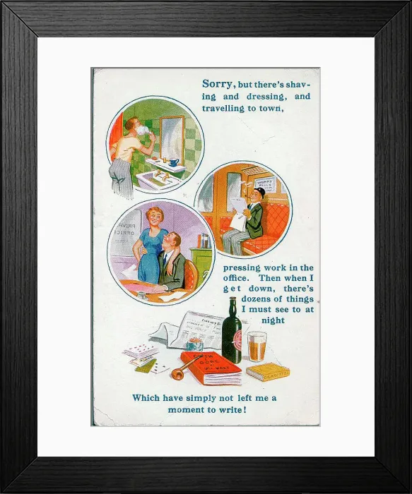 Framed Print : Comic postcard, reasons (or excuses) for not writing Date: 20th century Framed Print : Comic postcard, reasons (or excuses) for not writing Date: 20th century