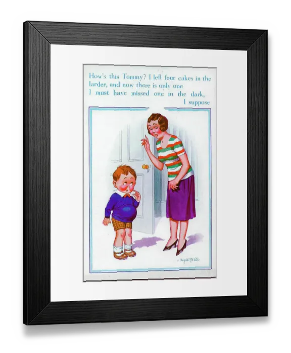 Framed Print : Comic postcard, Mother and son - who ate the cakes? Date: 20th century Framed Print : Comic postcard, Mother and son - who ate the cakes? Date: 20th century