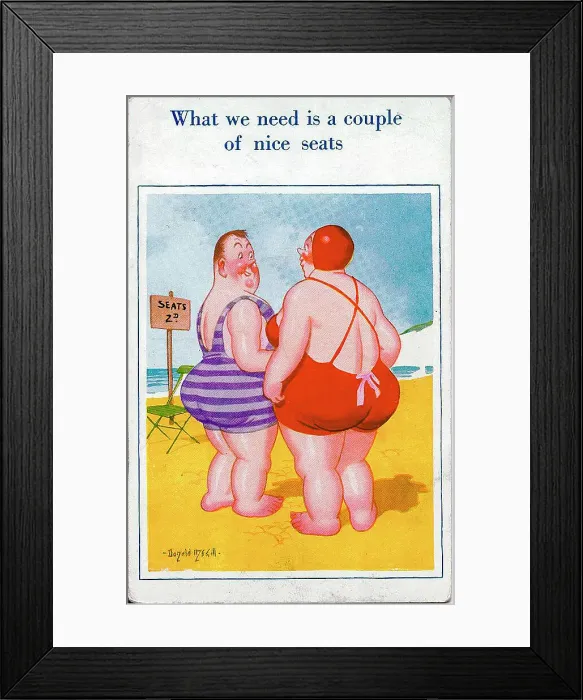Framed Print : Comic postcard, Plump couple at the seaside Date: 20th century Framed Print : Comic postcard, Plump couple at the seaside Date: 20th century