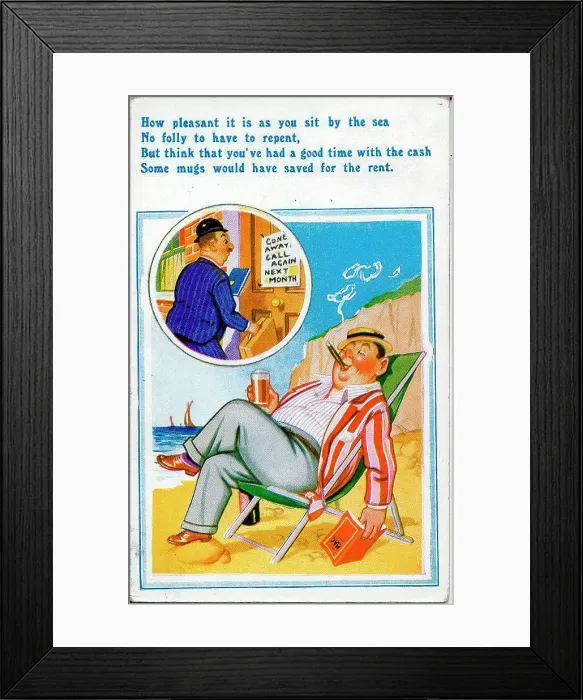 Framed Print : Comic postcard, Man dreaming on the beach Framed Print : Comic postcard, Man dreaming on the beach