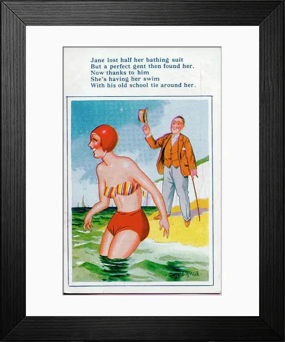 Framed Print : Comic postcard, Woman in bikini at the seaside - the top part is a man's old school tie! Date: 20th century Framed Print : Comic postcard, Woman in bikini at the seaside - the top part is a man's old school tie! Date: 20th century