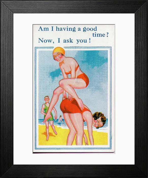 Framed Print : Comic postcard, Two young women leapfrogging on the beach Date: 20th century Framed Print : Comic postcard, Two young women leapfrogging on the beach Date: 20th century