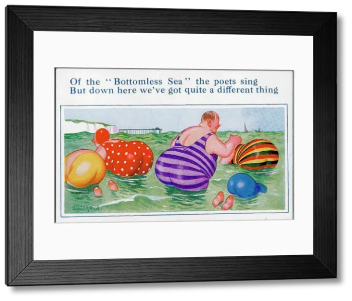 Framed Print : Comic postcard, Plump holidaymakers in the sea Framed Print : Comic postcard, Plump holidaymakers in the sea