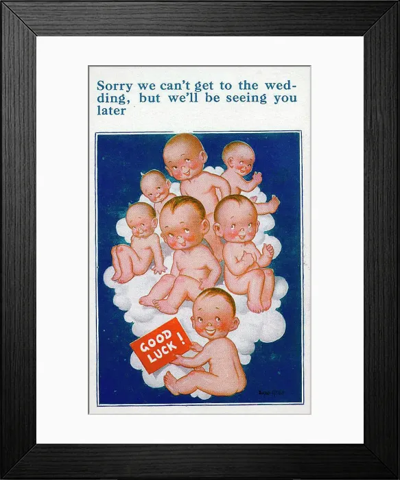 Framed Print : Good luck wedding postcard, seven babies on a cloud Date: 20th century Framed Print : Good luck wedding postcard, seven babies on a cloud Date: 20th century