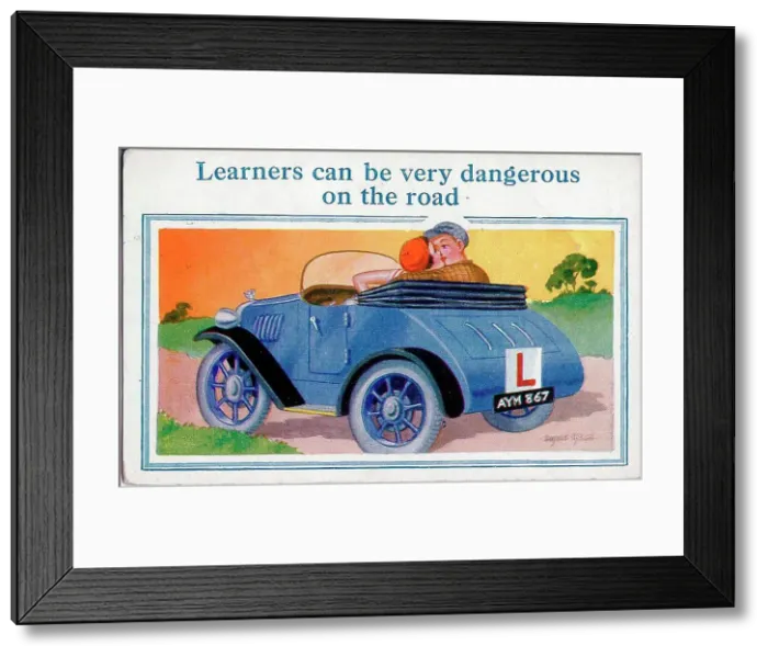 Framed Print : Comic postcard, Dangerous learner driver Date: 20th century Framed Print : Comic postcard, Dangerous learner driver Date: 20th century