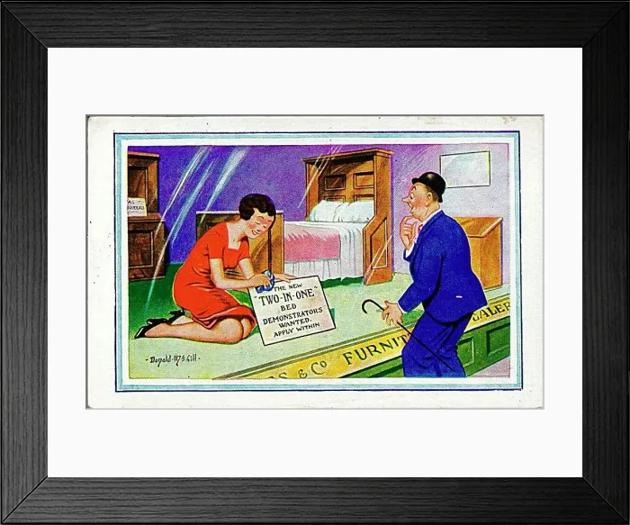 : Comic postcard, Shop window display with bed Date: 20th century : Comic postcard, Shop window display with bed Date: 20th century