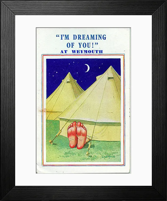 : Comic postcard, Bare feet sticking out of tent Date: 20th century : Comic postcard, Bare feet sticking out of tent Date: 20th century