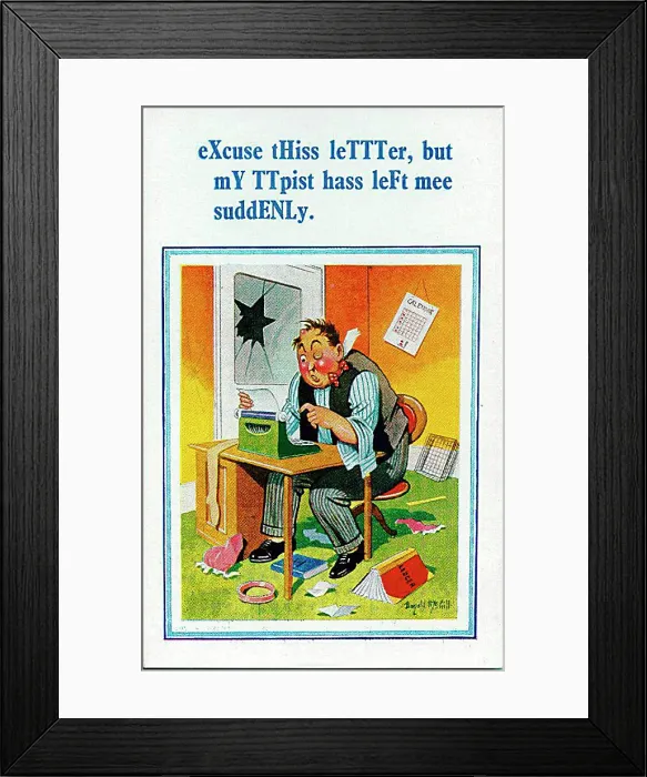 : Comic postcard, Man trying to type a letter Date: 20th century : Comic postcard, Man trying to type a letter Date: 20th century