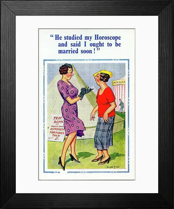 : Comic postcard, Two women at a fairground, near the fortune teller's tent Date: 20th century : Comic postcard, Two women at a fairground, near the fortune teller's tent Date: 20th century