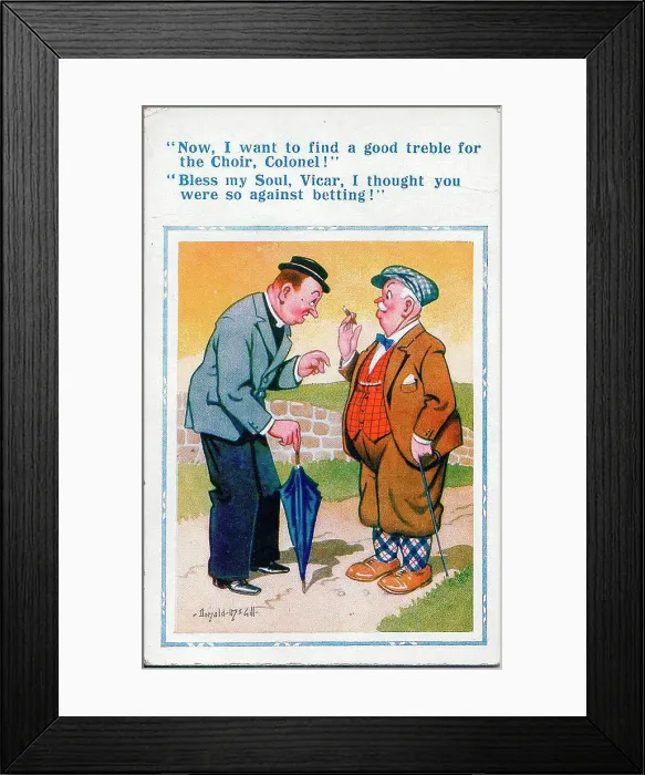 Framed Print : Comic postcard, Vicar chats with Colonel Date: 20th century Framed Print : Comic postcard, Vicar chats with Colonel Date: 20th century