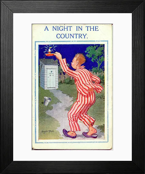 : Comic postcard, Man visiting outdoor toilet : Comic postcard, Man visiting outdoor toilet