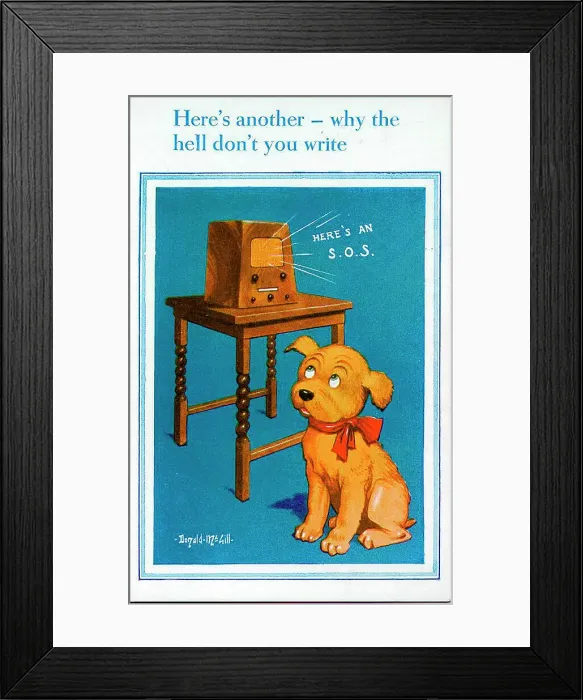 Framed Print : Comic postcard, Dog listening to the radio, in a parody of the HMV logo. Date: circa 1940s Framed Print : Comic postcard, Dog listening to the radio, in a parody of the HMV logo. Date: circa 1940s