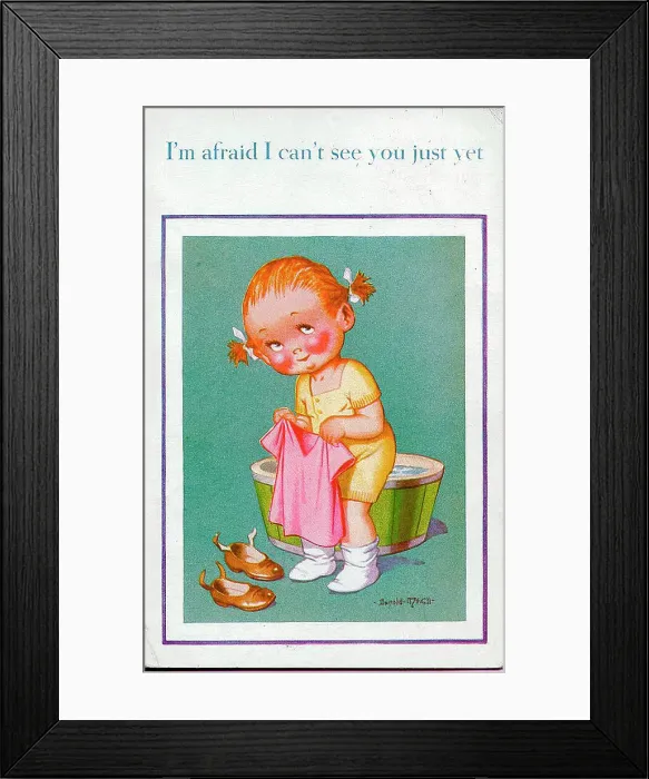 Framed Print : Comic postcard, Little girl at bathtime Date: 20th century Framed Print : Comic postcard, Little girl at bathtime Date: 20th century
