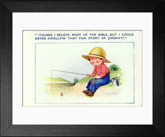Framed Print : Comic postcard, Little boy fishing Date: 20th century Framed Print : Comic postcard, Little boy fishing Date: 20th century