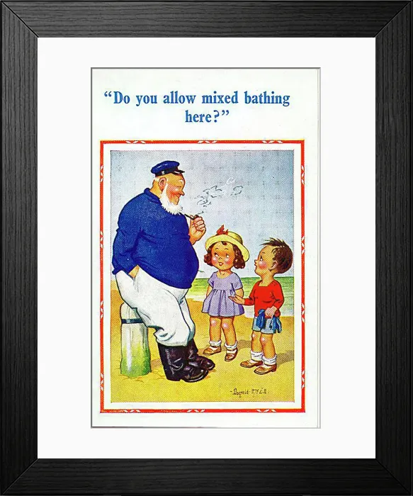 : Comic postcard, Children and boatman on the beach - mixed bathing. Date: 20th century : Comic postcard, Children and boatman on the beach - mixed bathing. Date: 20th century