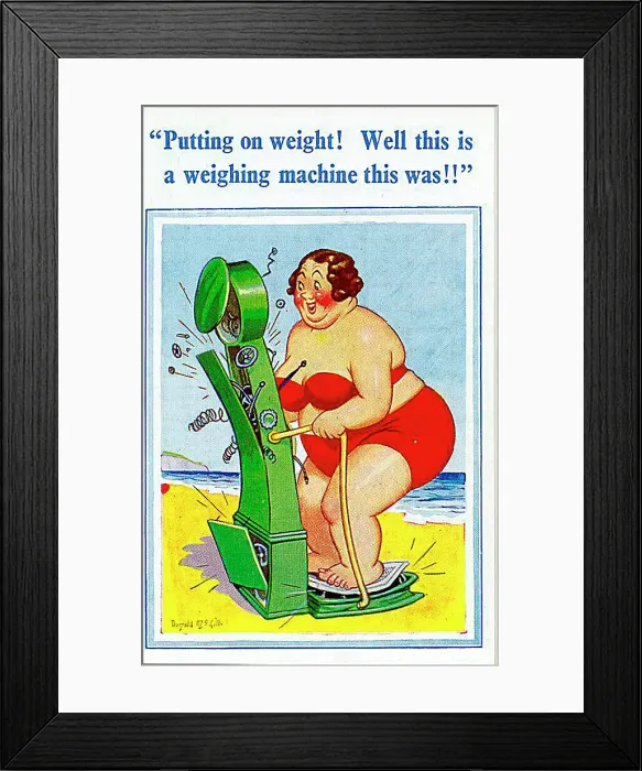 : Comic postcard, Plump woman weighing herself on the beach and breaking the machine Date: 20th century : Comic postcard, Plump woman weighing herself on the beach and breaking the machine Date: 20th century