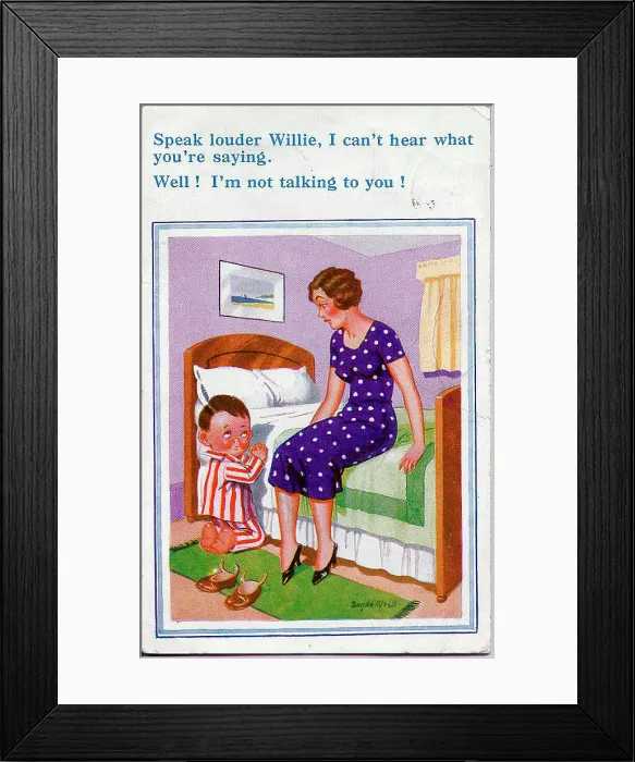 Framed Print : Comic postcard, Little boy praying by his bed, with his mother listening Date: 20th century Framed Print : Comic postcard, Little boy praying by his bed, with his mother listening Date: 20th century