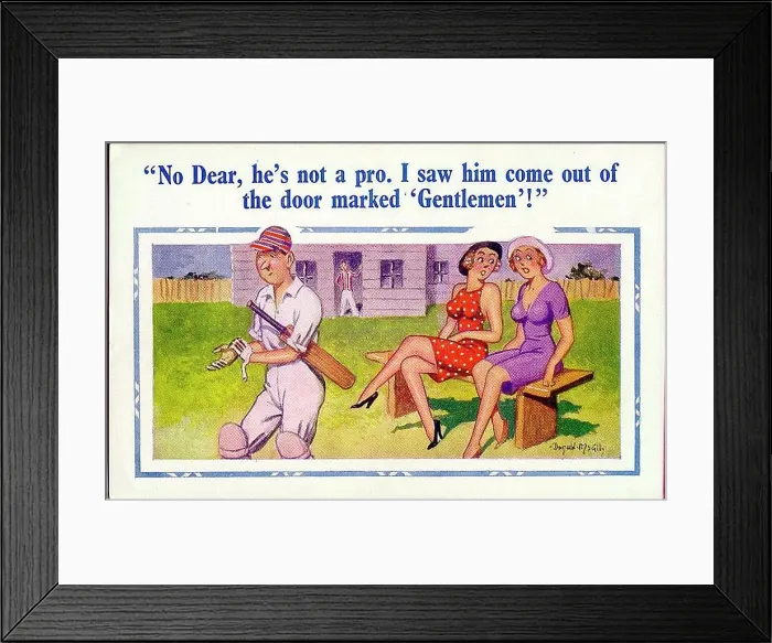 Framed Print : Comic postcard, Gentleman or player? Women discuss cricketer. Date: 20th century Framed Print : Comic postcard, Gentleman or player? Women discuss cricketer. Date: 20th century