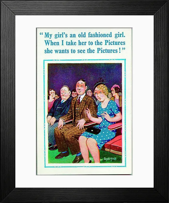 : Comic postcard, Couple at the cinema Date: 20th century : Comic postcard, Couple at the cinema Date: 20th century