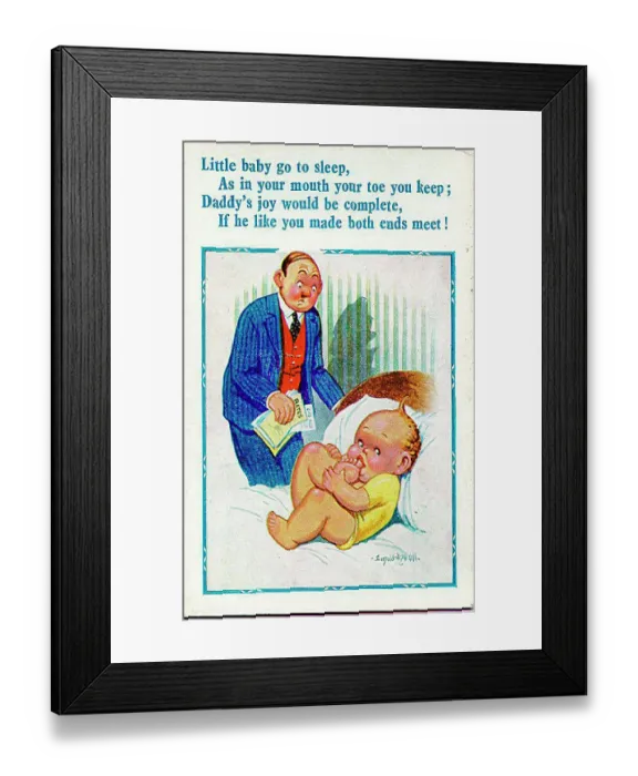 : Comic postcard, Father with baby, worried about money. Date: 20th century : Comic postcard, Father with baby, worried about money. Date: 20th century