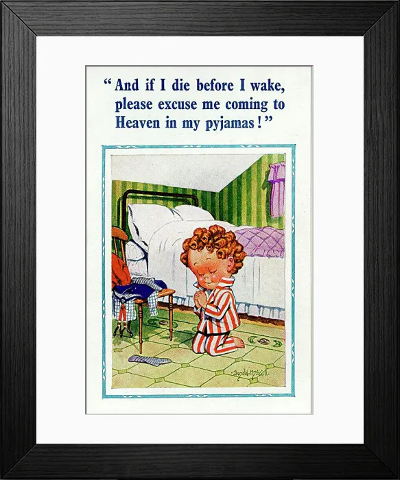 : Comic postcard, Little boy praying by his bed Date: 20th century : Comic postcard, Little boy praying by his bed Date: 20th century