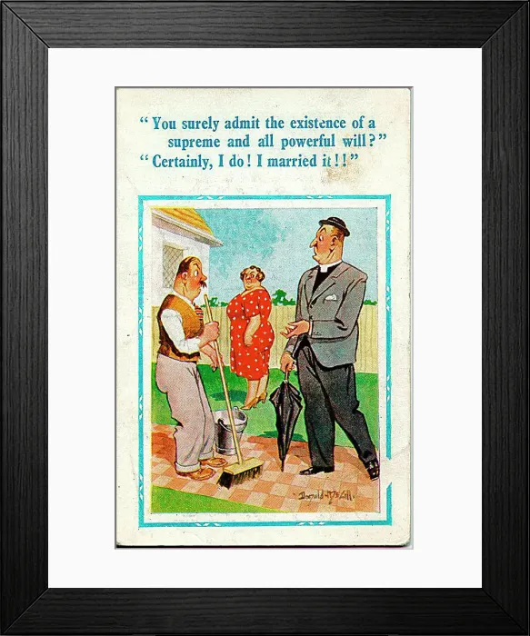 : Comic postcard, Vicar with married couple Date: 20th century : Comic postcard, Vicar with married couple Date: 20th century