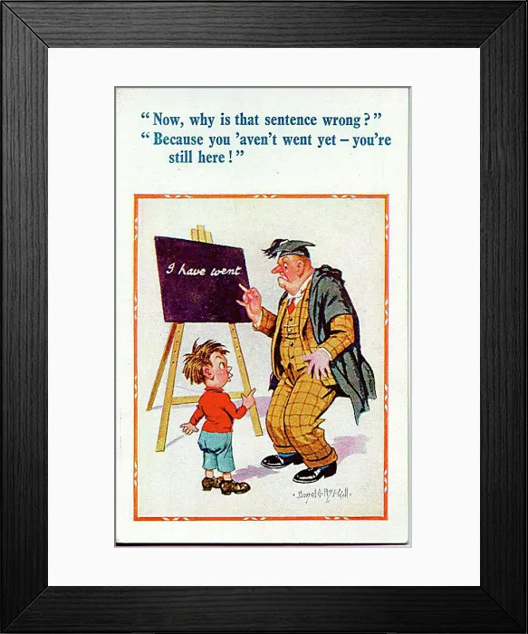 : Comic postcard, Little boy and teacher - grammar lesson. Date: 20th century : Comic postcard, Little boy and teacher - grammar lesson. Date: 20th century