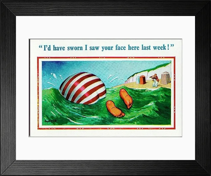 : Comic postcard, Plump holidaymaker in the sea, watched by man on beach with telescope. Date: 20th century : Comic postcard, Plump holidaymaker in the sea, watched by man on beach with telescope. Date: 20th century