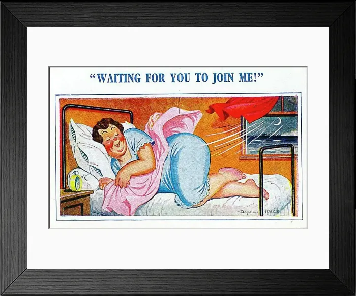 : Comic postcard, Woman in her seaside hotel bedroom Date: 20th century : Comic postcard, Woman in her seaside hotel bedroom Date: 20th century