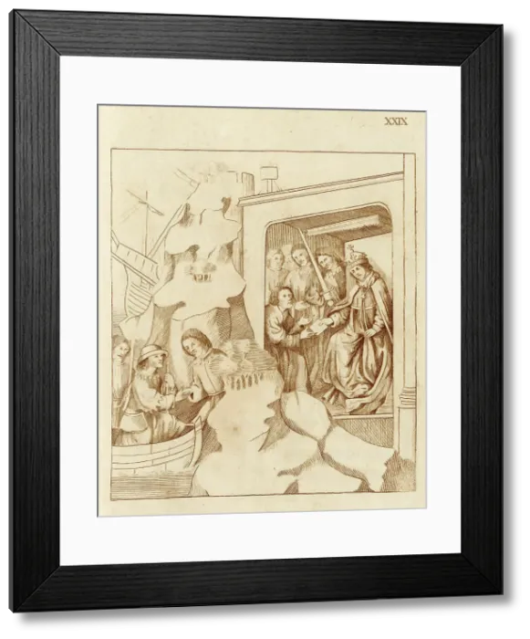Framed Print : Richard Beauchamp, Earl of Warwick, arrives back in England; a court scene, with King Henry V receiving news of the Lollard rebellion of 1414. Date: 1414 Framed Print : Richard Beauchamp, Earl of Warwick, arrives back in England; a court scene, with King Henry V receiving news of the Lollard rebellion of 1414. Date: 1414