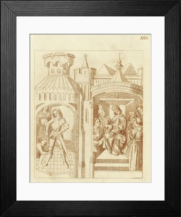 Framed Print : Richard Beauchamp, Earl of Warwick, arms himself for battle to put down the Lollard uprising; King Henry V sitting in council. Date: 1414 Framed Print : Richard Beauchamp, Earl of Warwick, arms himself for battle to put down the Lollard uprising; King Henry V sitting in council. Date: 1414