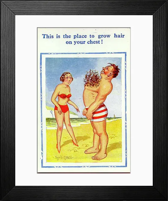 Framed Print : Comic postcard, Man at seaside with hairy chest Date: 20th century Framed Print : Comic postcard, Man at seaside with hairy chest Date: 20th century