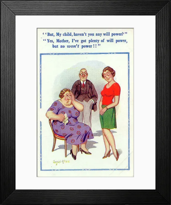 Framed Print : Comic postcard, Mother, father and daughter - willpower. Date: 20th century Framed Print : Comic postcard, Mother, father and daughter - willpower. Date: 20th century