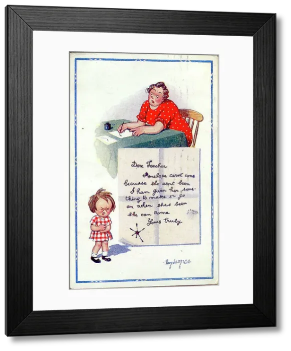 Framed Print : Comic postcard, Mother and daughter, absent from school letter Date: early 20th century Framed Print : Comic postcard, Mother and daughter, absent from school letter Date: early 20th century