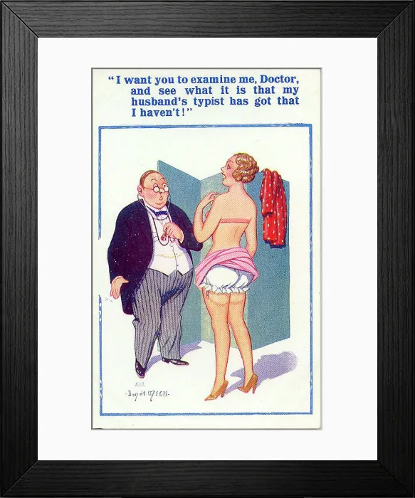 Framed Print : Comic postcard, Pretty woman and doctor Date: 20th century Framed Print : Comic postcard, Pretty woman and doctor Date: 20th century
