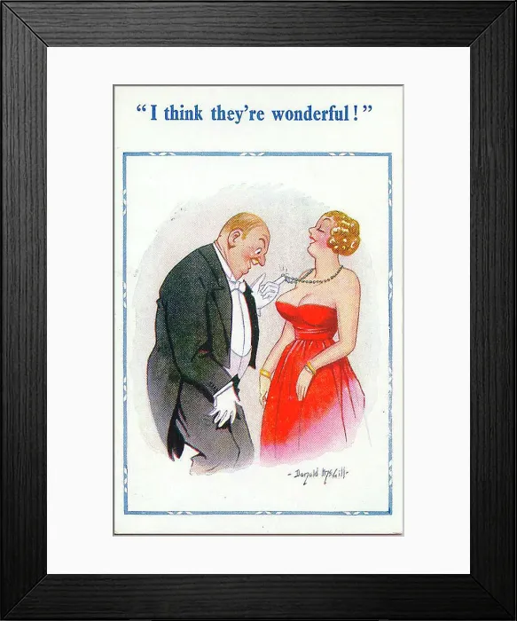 Framed Print : Comic postcard, Man admires woman's... necklace? Date: 20th century Framed Print : Comic postcard, Man admires woman's... necklace? Date: 20th century