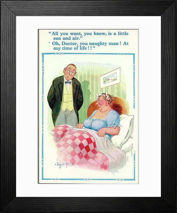 Framed Print : Comic postcard, Doctor on home visit to woman Date: 20th century Framed Print : Comic postcard, Doctor on home visit to woman Date: 20th century
