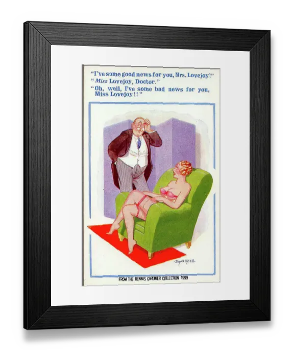 Framed Print : Comic postcard, Pretty woman and doctor - good news, bad news. Date: 20th century Framed Print : Comic postcard, Pretty woman and doctor - good news, bad news. Date: 20th century